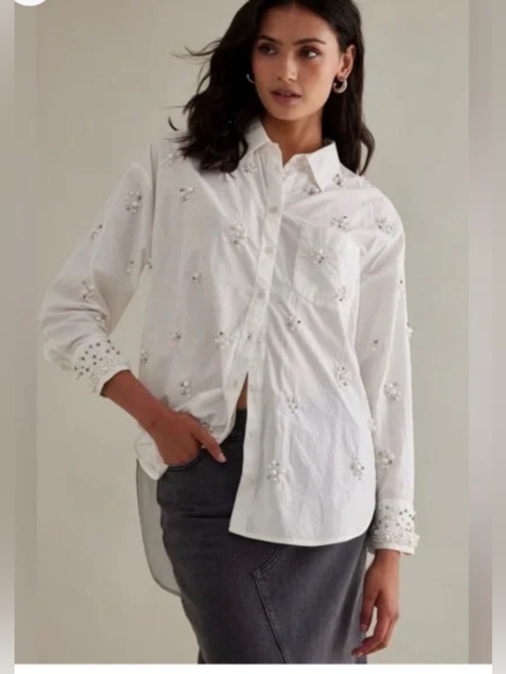 Maeve by Anthropologie White Pearl & Crystal Embellished  Shirt | Size XS